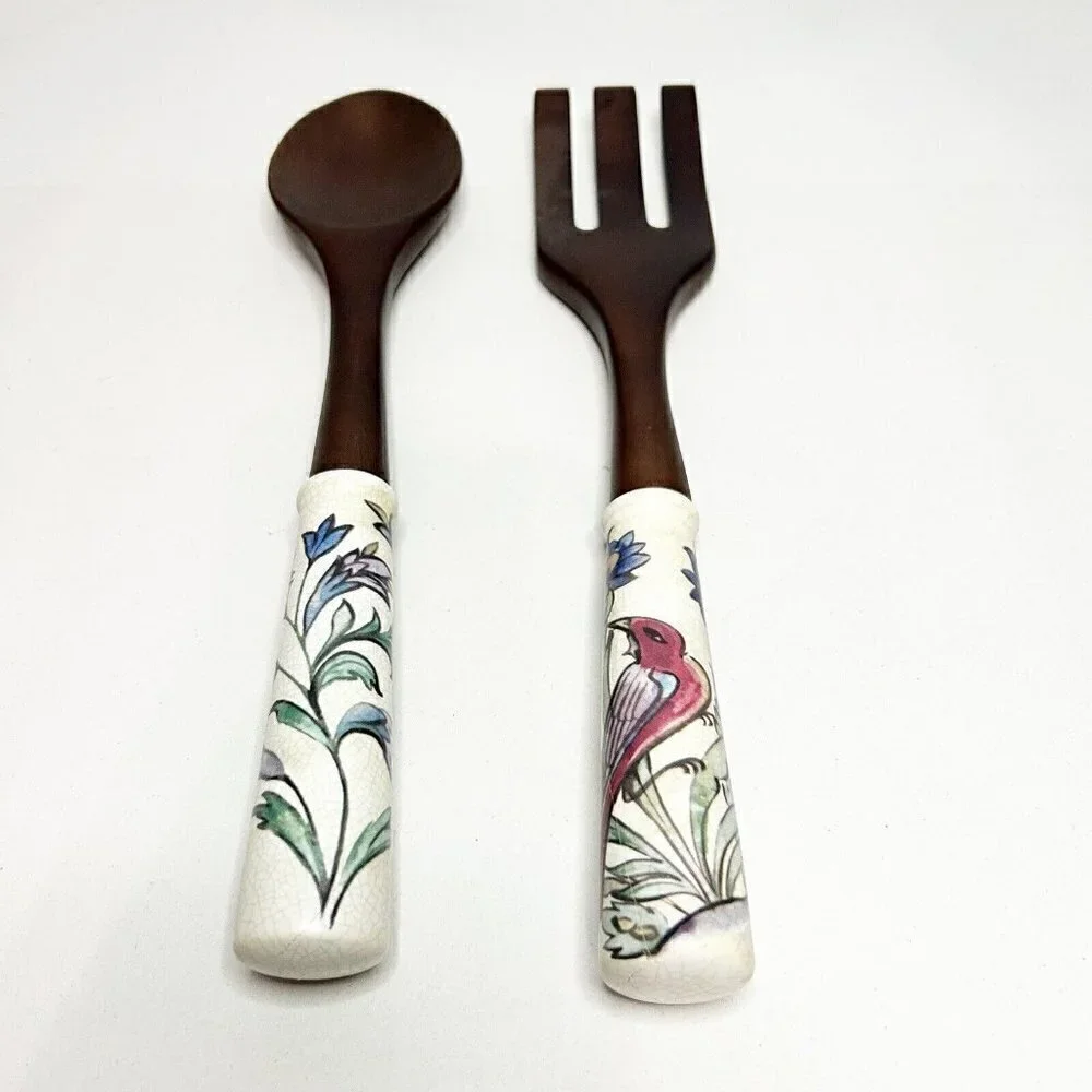 Wooden Salad Serving Fork Spoon Set w/ Porcelain Floral/Bird Handles 13